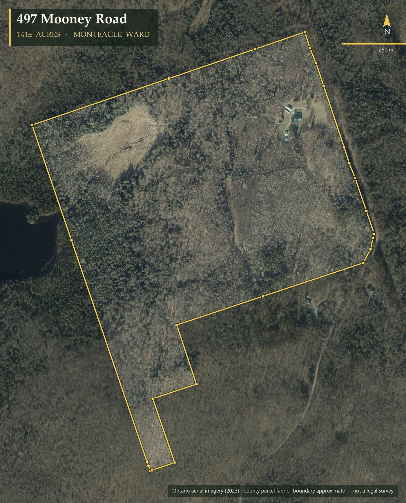 Aerial map with the 141-acre property boundary outlined in gold over 2023 Ontario imagery